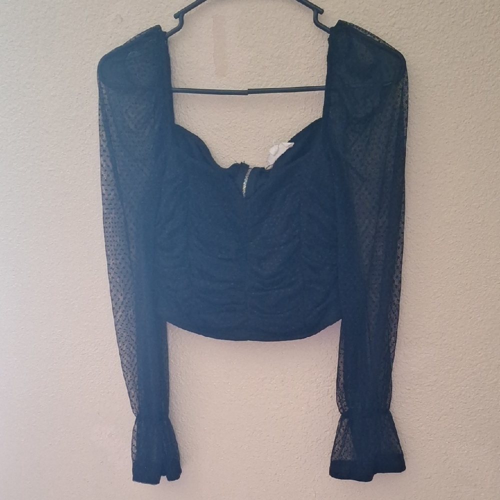 Chocolate Green and Blue Bell Sleeve Crop Blouse